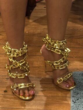 Women's Ankle Leg Lace Up Gold Link Chain Clear PVC Strappy Stiletto Round Toe